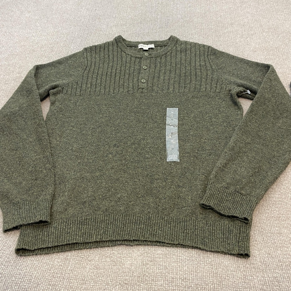 Frye And Co Sweater Mens Medium Green Henley Crew Neck Knit Pullover Long Sleeve